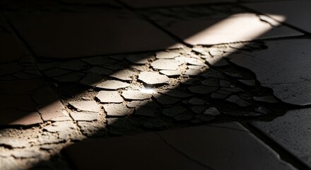Close-up of damaged, cracked floor tiles illuminated by a beam of sunlight