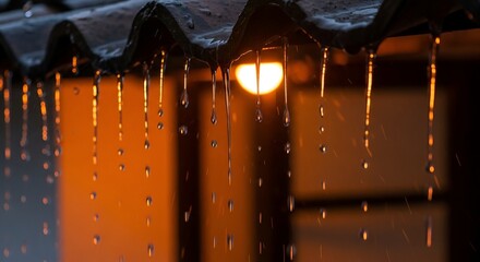 Close-up of raindrops cascading from a roof in front of an inviting, warm light