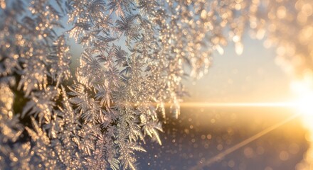 Intricate ice crystals frost a window, catching the golden light of the rising sun