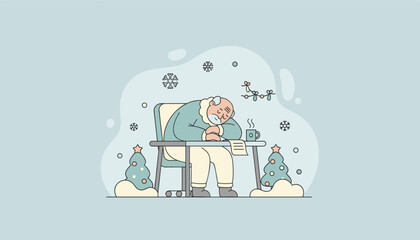 Overworked man falls asleep writing a list during the busy Christmas season Holiday fatigue concept