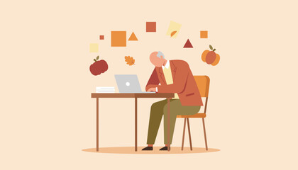 Senior man working on laptop at desk surrounded by autumn symbols and geometric shapes