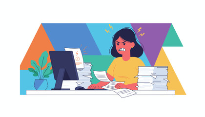 Overworked employee frustrated by massive paperwork and office bureaucracy