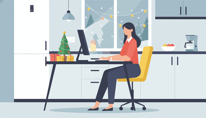 Professional remote work during the holiday season in a cozy home office setting