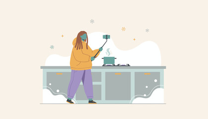 Blogger records winter cooking tutorial on a smartphone Social media food and lifestyle content