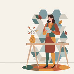 Smiling businesswoman using a tablet at a modern office desk with autumn decoration Business concept