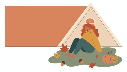 Fall leisure Woman relaxing outside Aframe house with pumpkin and leaves Copy space