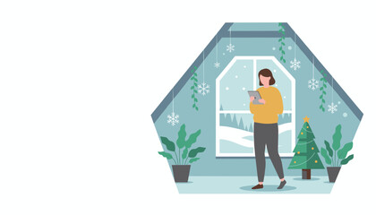 Woman using a tablet by the window in a cozy decorated room during winter holidays