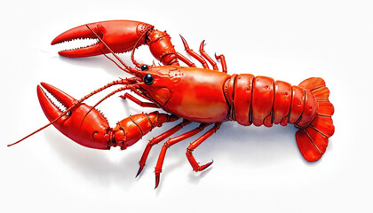 Watercolor illustration of a bright red lobster. This culinary art image is on white background. Aquatic animal food concept perfect for menu design or seafood restaurant.