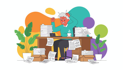Frustrated employee drowning in paperwork stressed by excessive workload and bureaucracy