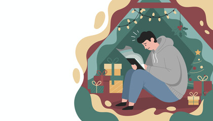 Seasonal stress Lonely man scrolling on tablet during Christmas holiday