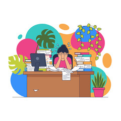Stressed employee overwhelmed by heavy workload and paperwork at the office desk Burnout concept