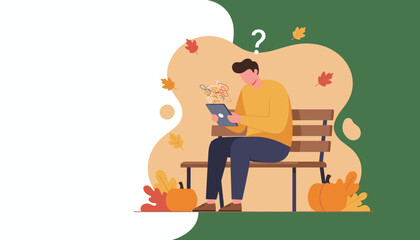 Confused man using a tablet on a park bench during autumn dealing with digital complexity