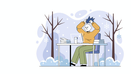 Stressed worker feeling burnout and anger while remote working during winter