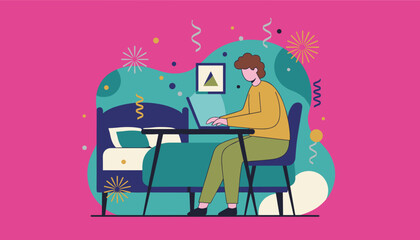 Remote worker uses laptop in a brightly colored fun bedroom illustration