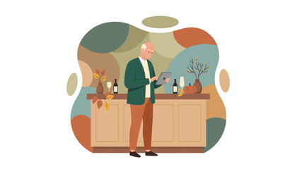 Elderly man uses a digital tablet near an autumndecorated bar counter leisure planning concept