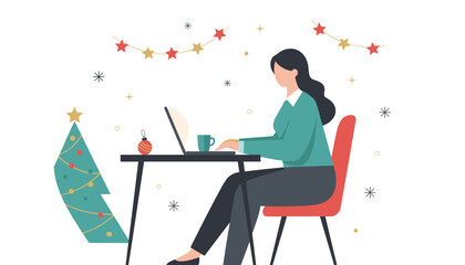 Professional woman working remotely on her laptop during the festive Christmas holiday season