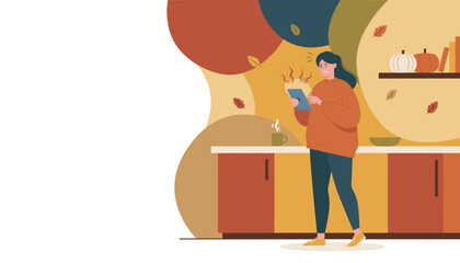 Woman stressed by tablet error in autumn kitchen