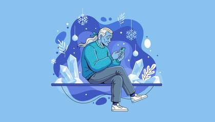 A winterthemed illustration of an elderly man scrolling on a smartphone amidst ice crystals and snowflakes
