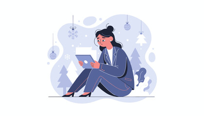 Stressed businesswoman works on tablet during holidays Winter burnout professional pressure and digital isolation