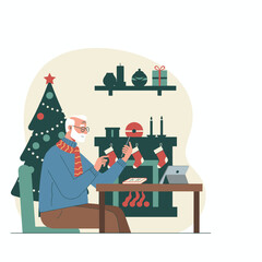 Happy senior man using tablet writing Christmas list by cozy fireplace