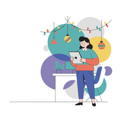 Festive work setup Woman uses a tablet in a decorated modern office