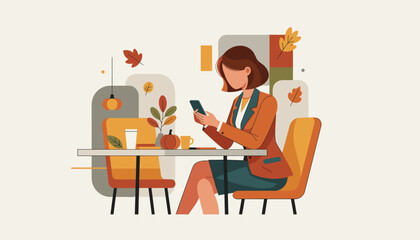 Businesswoman using smartphone at an autumn cafe table working remotely Professional communication concept
