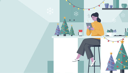 Holiday tech troubles Frustrated woman struggling with a digital tablet in a festive kitchen