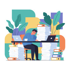 Professional burnout concept Stressed employee overwhelmed by excessive paperwork and office duties