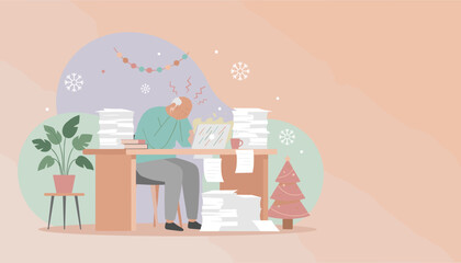 Stressed employee working late amid huge piles of documents during the Christmas season