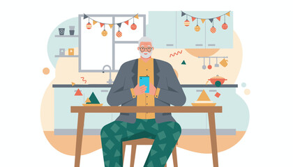 Elderly man using smartphone at table in festive kitchen Digital connection modern lifestyle concept