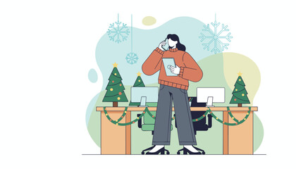 Woman works in a festive office multitasking with phone and tablet during holidays