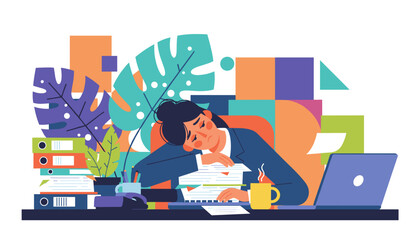 Overworked employee sleeping on a pile of documents symbolizing stress and corporate burnout