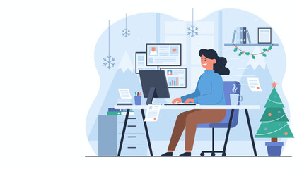 Busy woman works remotely in winter decorated office Holiday business and productivity