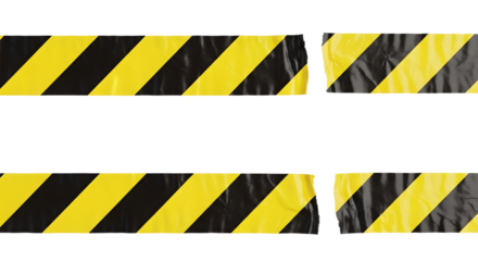 Two strips of wrinkled yellow and black striped caution tape for restricted areas. Isolated on transparent background, png�