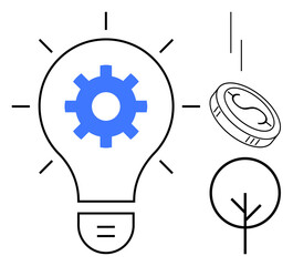 Light bulb with gear symbolizing innovation, coin for financial growth, and tree for sustainability. Ideal for technology, creativity, innovation, finance, green energy sustainability simplicity. A