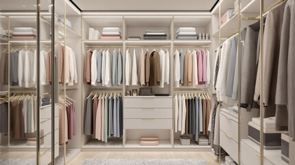 Spacious modern walk-in closet with stylish storage, neatly organized clothes, and integrated lighting