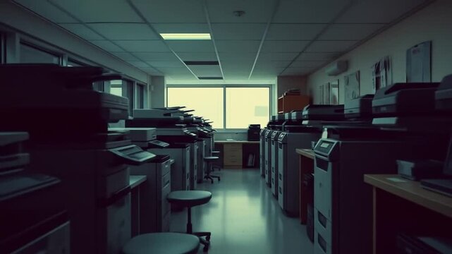 Office printing room with multiple printers and organized workspace during the day. 4k videos