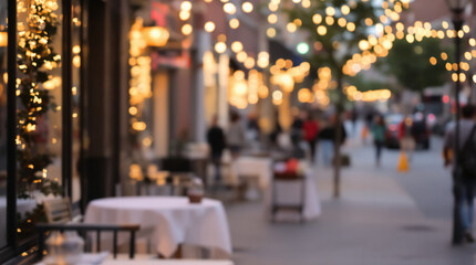 Warm urban evening ambiance with bokeh lights and outdoor dining on a city street