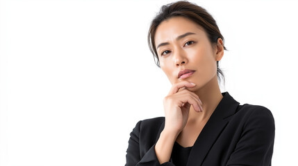 Obraz premium Thoughtful asian businesswoman contemplating during strategic planning or problem solving, chin resting on hand, displaying serious and focused expression on white background with copy space