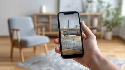 Hand holding smartphone displaying augmented reality application presenting virtual furniture in a modern living room for interior design home staging