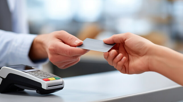 Customers hands exchanging a credit card for a payment transaction at a retail point of sale terminal, completing a secure financial purchase in a shop or store with copy space - Powered by Adobe