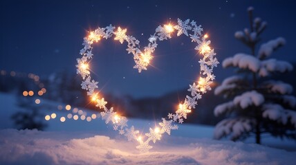 A magical heart-shaped illumination against a snow-covered winter landscape.