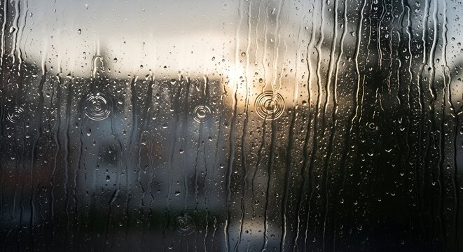 Raindrops on a window obscure a blurry cityscape. A warm sunset illuminates