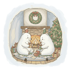 Cozy Christmas Scene with Cute Polar Bear Pair Opening Gifts by the Fireplace and Decorated Tree