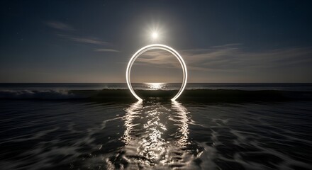 Illuminated ring seemingly emerges from ocean with full moon and waves