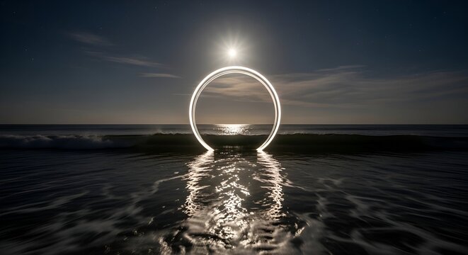 Illuminated ring seemingly emerges from ocean with full moon and waves