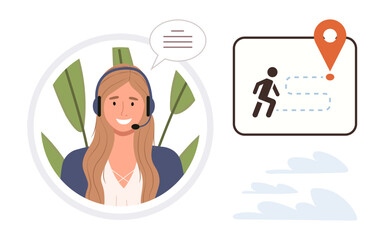 Smiling support agent with headset, speech bubble, map icon, journey path, and location pin. Ideal for customer service, communication, navigation, assistance guidance online support teamwork