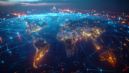 Global Network: A striking visualization of the world connected by an intricate network of data points and luminous pathways, symbolizing the interconnectedness of global communication and technology.
