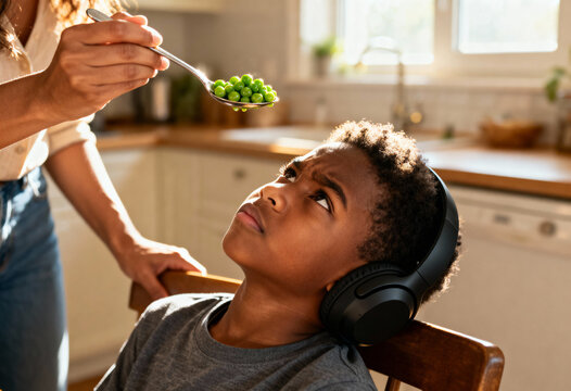 Neurodivergent autistic black boy boy with noise canceling headphones looking away with resistance while adult offers green peas in kitchen setting food sensitivity and selectivity