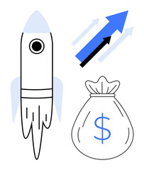 Rocket launching alongside upward arrows and a money bag with a dollar sign. Ideal for themes of business growth, financial success, investment, progress, innovation, startups, and achievement. A